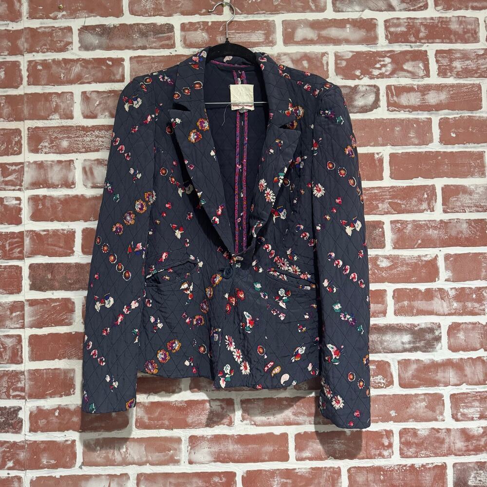 Rebecca Taylor Floral Quilted Jacket Navy Silk Blazer Zip Cuff Size 4